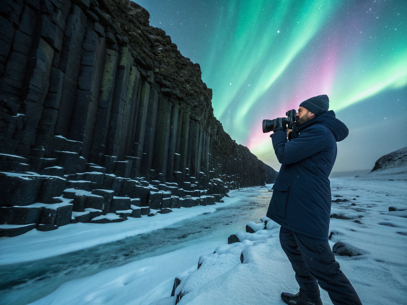 Photographer setting up tripod on volcanic black sand beach