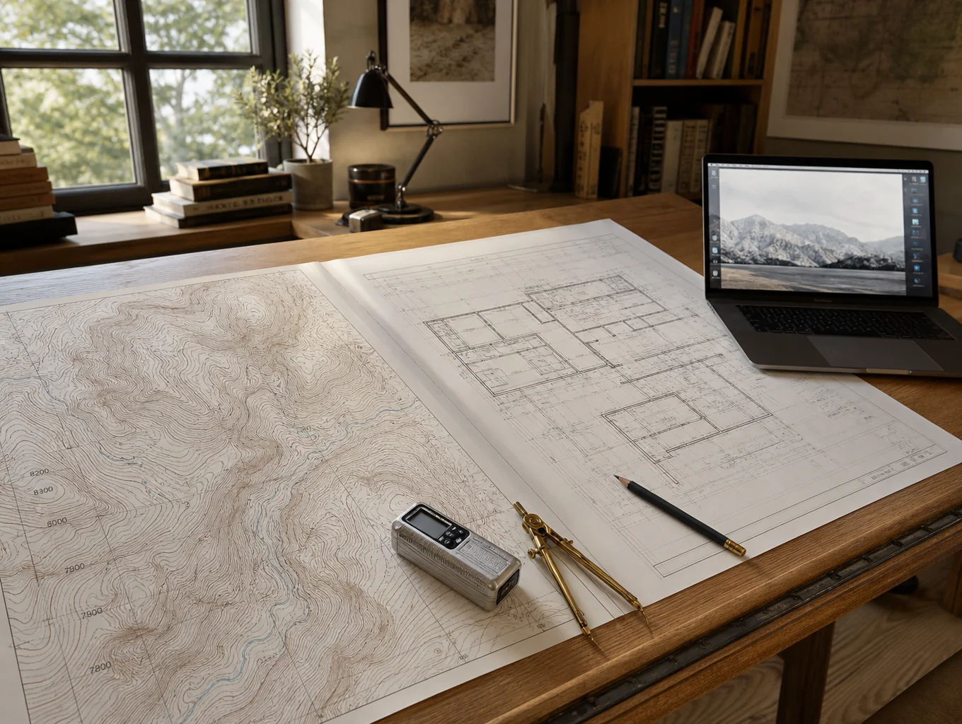 Topographic map and weather charts on a field desk