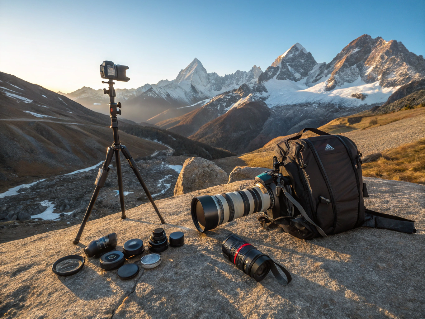 Professional camera gear laid out for sub-polar expedition