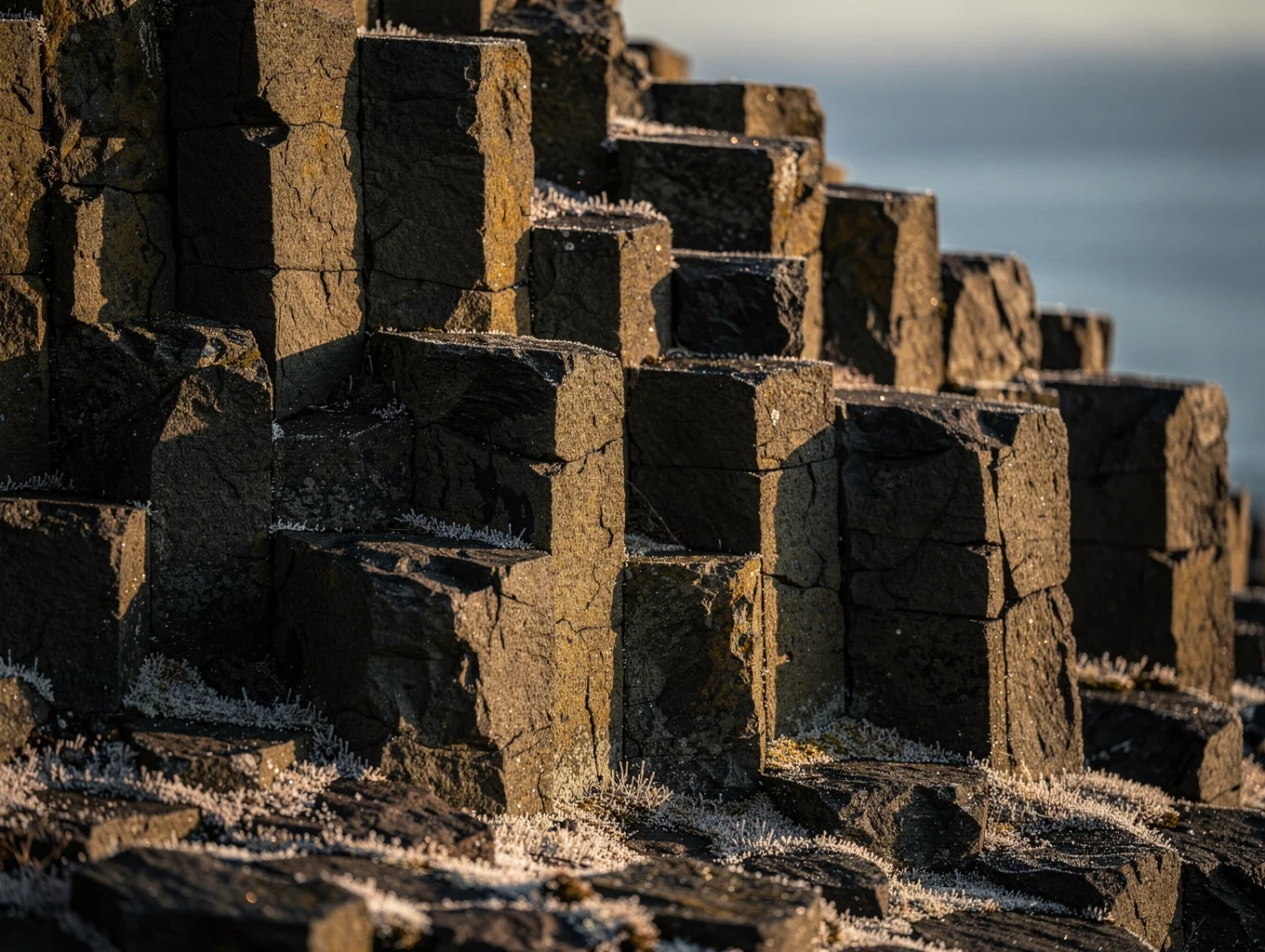 Volcanic basalt columns under low polar light