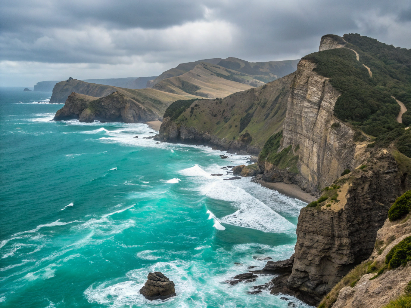 Sheer granite cliffs rising from misty waters in New Zealand