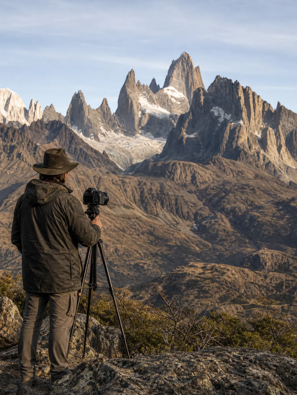 Landscape photographer capturing glacial peaks in Patagonia